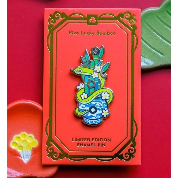 Limited Edition Snake Enamel Pin - Five Lucky Bamboo - Year of the Snake Brooch - Picture 1 of 9